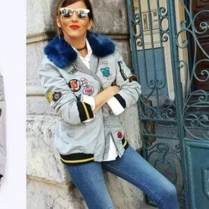 NWT ZARA BOMBER JACKET LIGHT GREY WITH REMOVABLE FUR COLLAR XS